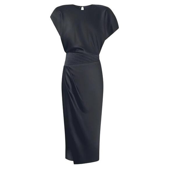Zhivago Bond Satin Pleated Asymmetric Midi Formal Dress Black Women's Size US 8 - Picture 2 of 6
